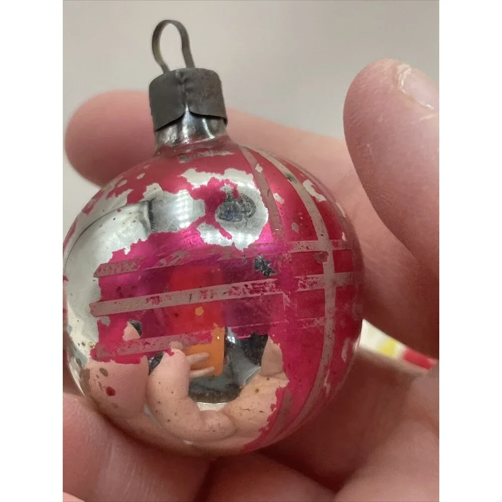 2 Vintage Mercury Glass Painted Christmas Ornaments Floral Striped Holiday Tree